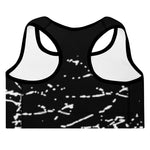 Tesla inspired apparel. Cybertruck. Steel Ball. Broken windows. Shattered image centered on padded sports bra.