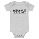 Tesla inspired apparel.  Elon Musk missing deadlines since day one. Deadlines image centered on baby onesie.