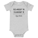 Tesla inspired apparel. Berlin Gigafactory GPS coordinates. Birthplace Berlin image centered on baby onesie.