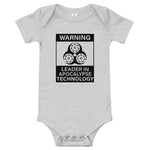 Tesla inspired apparel. Elon Musk quote. Cybertruck. Leader In Apocalypse Technology image centered on baby onesie.