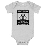 Tesla inspired apparel. Elon Musk quote. Cybertruck. Leader In Apocalypse Technology image centered on baby onesie.