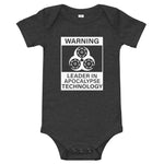 Tesla inspired apparel. Elon Musk quote. Cybertruck. Leader In Apocalypse Technology image centered on baby onesie.