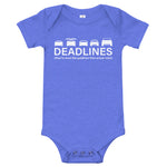 Tesla inspired apparel.  Elon Musk missing deadlines since day one. Deadlines image centered on baby onesie.