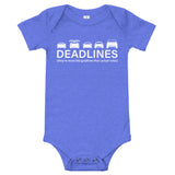 Tesla inspired apparel.  Elon Musk missing deadlines since day one. Deadlines image centered on baby onesie.