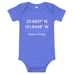 Tesla inspired apparel. Fremont Gigafactory GPS coordinates. Birthplace Fremont image centered on baby onesie.