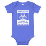 Tesla inspired apparel. Elon Musk quote. Cybertruck. Leader In Apocalypse Technology image centered on baby onesie.