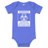 Tesla inspired apparel. Elon Musk quote. Cybertruck. Leader In Apocalypse Technology image centered on baby onesie.