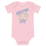 Tesla inspired apparel. EV car charger. Electric Life image centered on baby onesie.