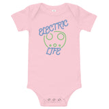 Tesla inspired apparel. EV car charger. Electric Life image centered on baby onesie.