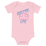 Tesla inspired apparel. EV car charger. Electric Life image centered on baby onesie.