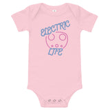 Tesla inspired apparel. EV car charger. Electric Life image centered on baby onesie.