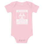 Tesla inspired apparel. Elon Musk quote. Cybertruck. Leader In Apocalypse Technology image centered on baby onesie.