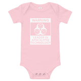 Tesla inspired apparel. Elon Musk quote. Cybertruck. Leader In Apocalypse Technology image centered on baby onesie.