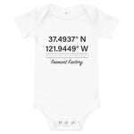 Tesla inspired apparel. Fremont Gigafactory GPS coordinates. Birthplace Fremont image centered on baby onesie.