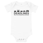 Tesla inspired apparel.  Elon Musk missing deadlines since day one. Deadlines image centered on baby onesie.