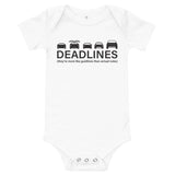 Tesla inspired apparel.  Elon Musk missing deadlines since day one. Deadlines image centered on baby onesie.