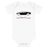 Tesla inspired apparel. Elon Musk quote. Cybertruck. Just Fix It In Post image centered on baby onesie.