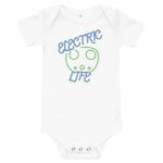 Tesla inspired apparel. EV car charger. Electric Life image centered on baby onesie.