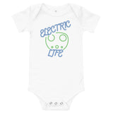 Tesla inspired apparel. EV car charger. Electric Life image centered on baby onesie.