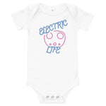 Tesla inspired apparel. EV car charger. Electric Life image centered on baby onesie.