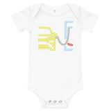 Tesla inspired apparel. Model 3 at supercharger. Supercharging. Plugged In 3 image centered on baby onesie.