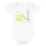 Tesla inspired apparel. Model Y at supercharger. Supercharging. Plugged In Y image centered on baby onesie.