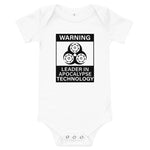 Tesla inspired apparel. Elon Musk quote. Cybertruck. Leader In Apocalypse Technology image centered on baby onesie.