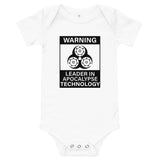 Tesla inspired apparel. Elon Musk quote. Cybertruck. Leader In Apocalypse Technology image centered on baby onesie.