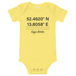 Tesla inspired apparel. Berlin Gigafactory GPS coordinates. Birthplace Berlin image centered on baby onesie.