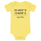 Tesla inspired apparel. Berlin Gigafactory GPS coordinates. Birthplace Berlin image centered on baby onesie.