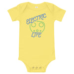 Tesla inspired apparel. EV car charger. Electric Life image centered on baby onesie.