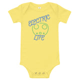 Tesla inspired apparel. EV car charger. Electric Life image centered on baby onesie.