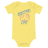 Tesla inspired apparel. EV car charger. Electric Life image centered on baby onesie.