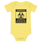 Tesla inspired apparel. Elon Musk quote. Cybertruck. Leader In Apocalypse Technology image centered on baby onesie.
