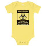 Tesla inspired apparel. Elon Musk quote. Cybertruck. Leader In Apocalypse Technology image centered on baby onesie.