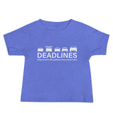 Tesla inspired apparel.  Elon Musk missing deadlines since day one. Deadlines image centered on baby t-shirt.