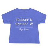 Tesla inspired apparel. Texas Gigafactory GPS coordinates. Birthplace Texas image centered on baby t-shirt.