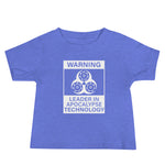 Tesla inspired apparel. Elon Musk quote. Cybertruck. Leader In Apocalypse Technology image centered on baby t-shirt.