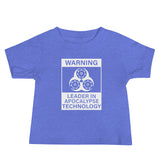 Tesla inspired apparel. Elon Musk quote. Cybertruck. Leader In Apocalypse Technology image centered on baby t-shirt.