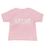 Tesla inspired apparel.  Elon Musk missing deadlines since day one. Deadlines image centered on baby t-shirt.