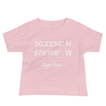 Tesla inspired apparel. Texas Gigafactory GPS coordinates. Birthplace Texas image centered on baby t-shirt.