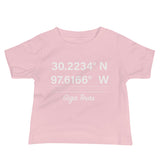 Tesla inspired apparel. Texas Gigafactory GPS coordinates. Birthplace Texas image centered on baby t-shirt.