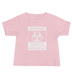 Tesla inspired apparel. Elon Musk quote. Cybertruck. Leader In Apocalypse Technology image centered on baby t-shirt.