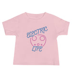 Tesla inspired apparel. EV car charger. Electric Life image centered on baby t-shirt.