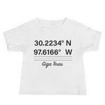 Tesla inspired apparel. Texas Gigafactory GPS coordinates. Birthplace Texas image centered on baby t-shirt.