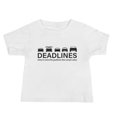 Tesla inspired apparel.  Elon Musk missing deadlines since day one. Deadlines image centered on baby t-shirt.