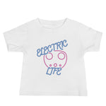 Tesla inspired apparel. EV car charger. Electric Life image centered on baby t-shirt.