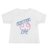 Tesla inspired apparel. EV car charger. Electric Life image centered on baby t-shirt.