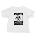 Tesla inspired apparel. Elon Musk quote. Cybertruck. Leader In Apocalypse Technology image centered on baby t-shirt.