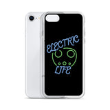 Tesla inspired apparel. EV car charger. Electric Life image centered on iPhone phone case.
